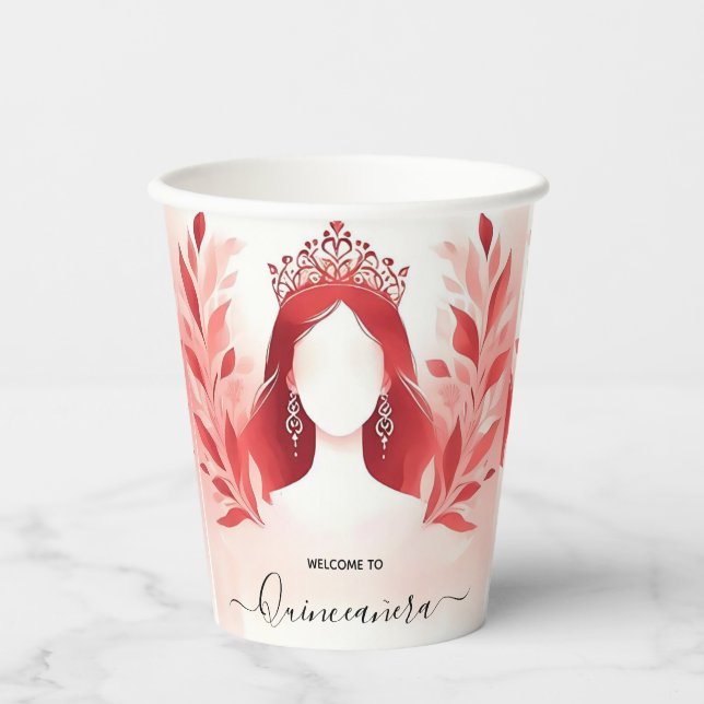 Vasos De Papel Tiara Black Lace Red Quinceanera (Anverso)