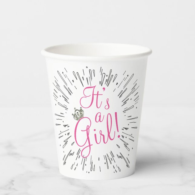Vasos De Papel Tiara "¡Es un Chica!" Baby Shower (Anverso)