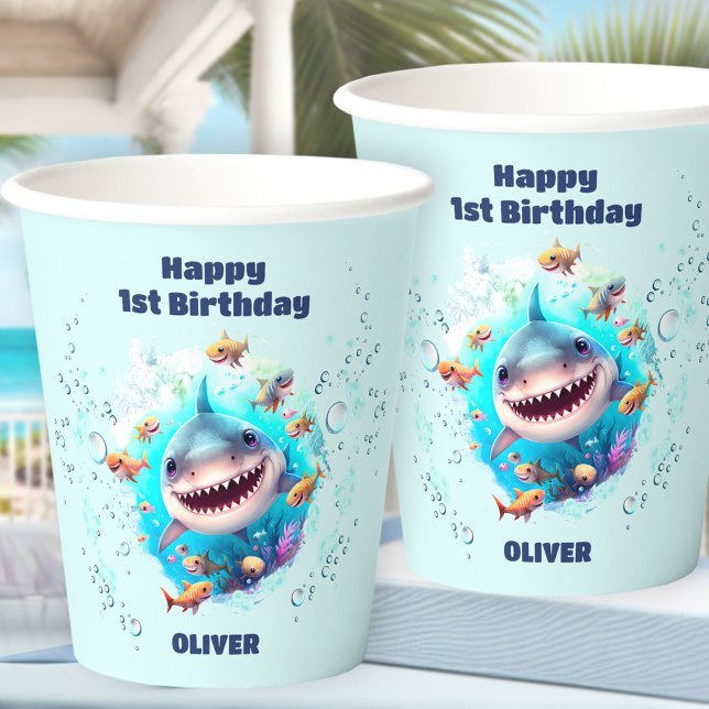 Vasos De Papel Tiburón lindo Niño de cumpleaños (Cute Shark 1st Birthday Boy Paper Cups)