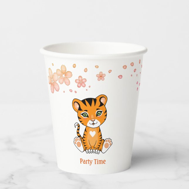 Vasos De Papel Tigre bebé y flores rosadas Fiesta tazas de papel (Anverso)