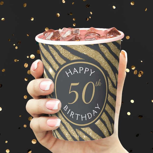 Vasos De Papel Tigre Purpurina de Oro y Negro Stripe 50 cumpleaño (black and gold glitter zebra / tiger stripe 50th birthday party paper cup)