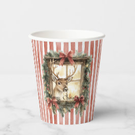 Vasos De Papel Tiras Blancas Rojas Ciervo Ventana Navidad