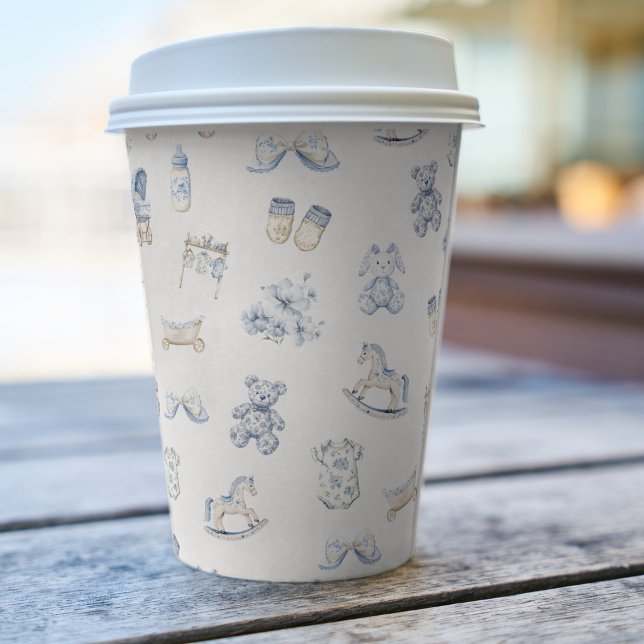 Vasos De Papel Toile De Jouy Baby Shower Blue Bow Boy (Toile De Jouy Baby Shower Blue Bow Boy Paper Cups)