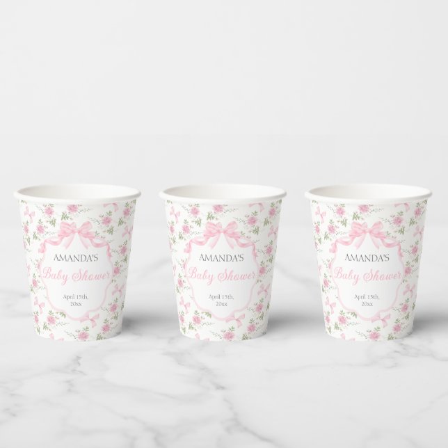 Vasos De Papel Toile De Jouy Pink Bow Girl Baby Shower (Multi)