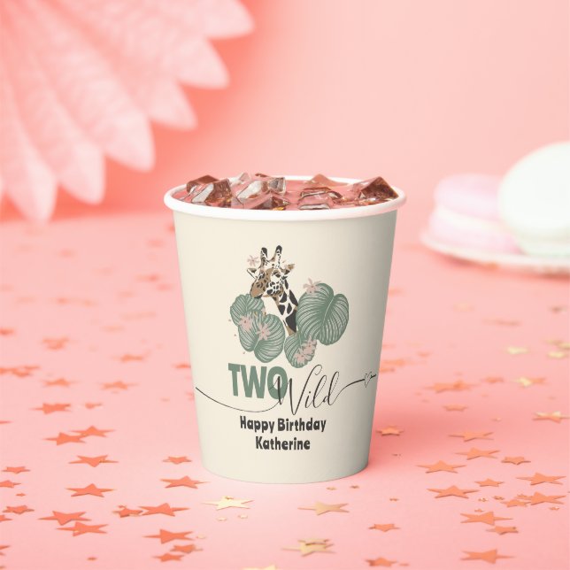 Vasos De Papel Too Wild Tropical Greenery Giraffe Animal Birthday (in situ)