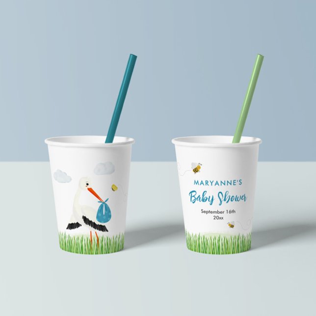 Vasos De Papel Tormenta rústica con Baby Shower de Abeja y maripo (Cute stork baby shower for boy paper cups with lovely bees and butterflies.)