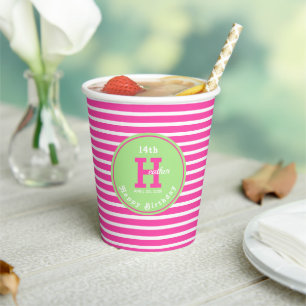 Vasos De Papel Torneo de Birday Stripes Rosa ⎮ White Paper