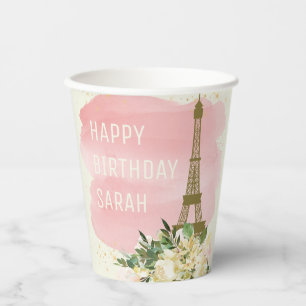 Vasos De Papel Torre Eiffel Rosa Dorado Brillo Feliz Cumpleaños