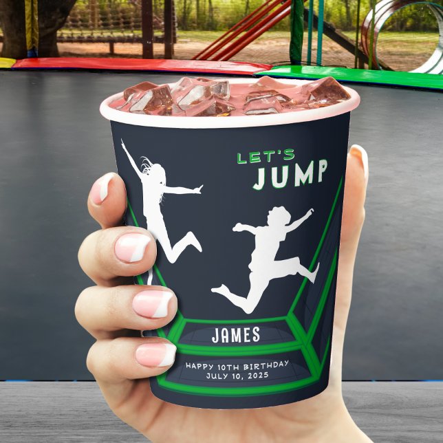 Vasos De Papel Trampoline Park Vamos a saltar a la fiesta de cump (Trampoline Park Let's Jump Green Birthday Party Paper Cups
)