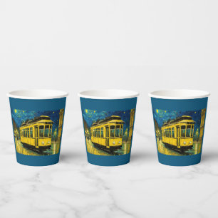 Vasos De Papel tranvía amarillo en una noche estrellada -Budapest