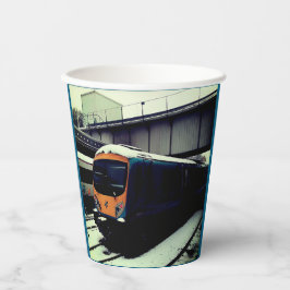 Vasos De Papel Tren turquesa y amarillo, bajo el puente
