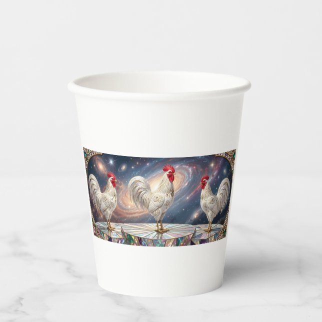 Vasos De Papel Tres gallos blancos. (Anverso)