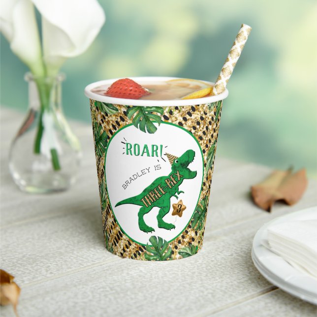 Vasos De Papel Tres Rex Dinosaurio Tercer Cumpleaños (in situ)