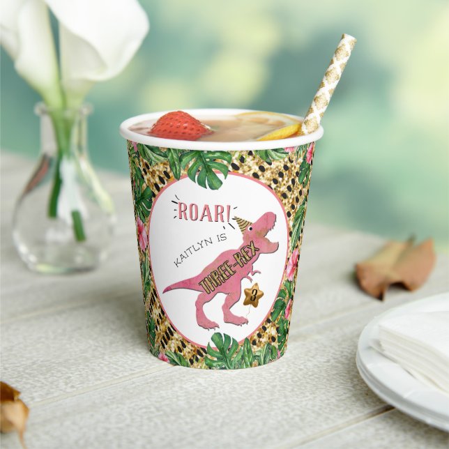 Vasos De Papel Tres Rex Dinosaurio Tercer Cumpleaños (in situ)