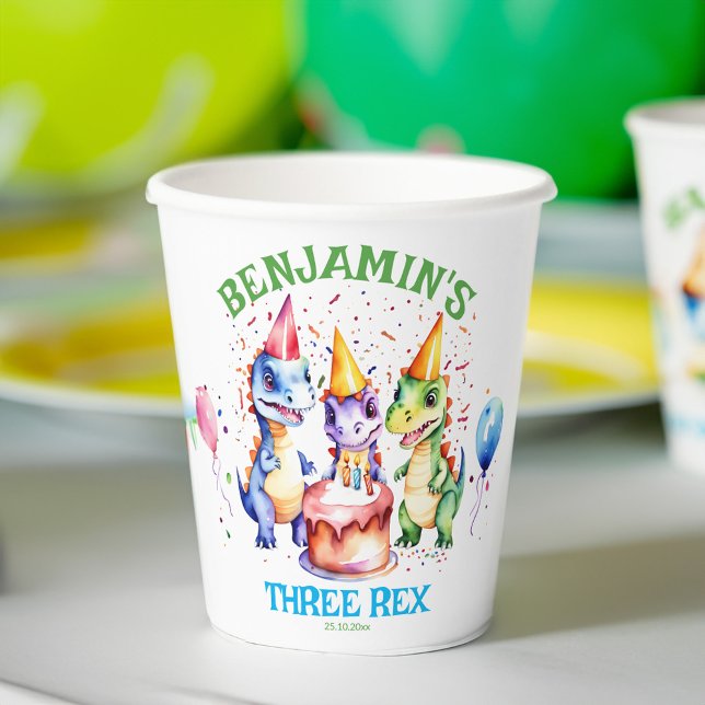 Vasos De Papel Tres vajilla de cumpleaños rex lindo dinosaurios (Dinosaur three rex birthday party tableware personalized dinosaur party paper cups)