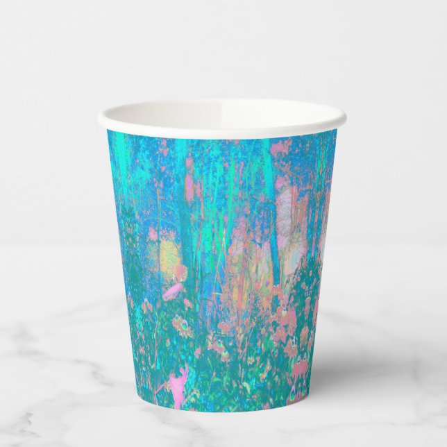 Vasos De Papel Trippy Aqua Sunrise con flores psicodélicas (Izquierda)