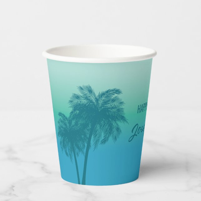 Vasos De Papel Tropical Summer Palm Trees Aqua Blue Sky Birthday (Anverso)