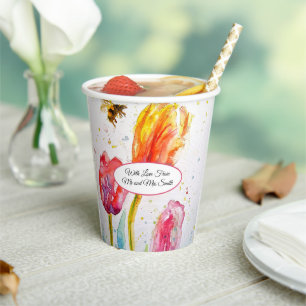 Vasos De Papel Tulipán Rojo Rosa y Abeja Pintura Acuarela Boda