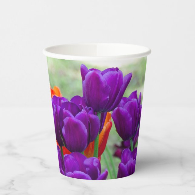 Vasos De Papel Tulipanes morados en un día soleado en el jardín (Izquierda)