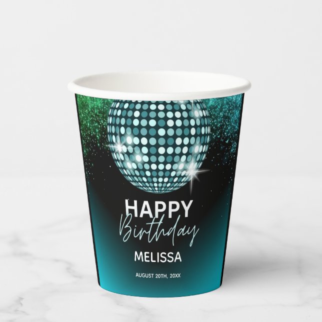 Vasos De Papel Turquoise Disco Purpurina Dance Fiesta Cumpleaños (Anverso)