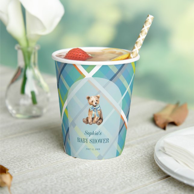Vasos De Papel Turquoise Plaid Teddy Bear Baby Shower (in situ)