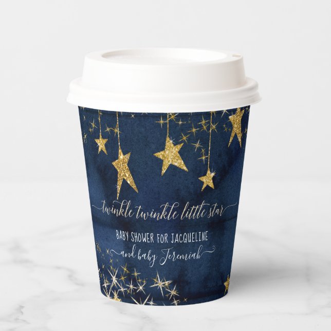 Vasos De Papel Twinkle Little Star Navy Blue Gold Boy Baby Shower (Anverso)