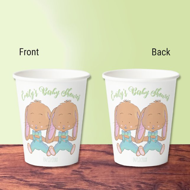 Vasos De Papel Twins Bunnies Spring Baby Shower White Paper cup (Twin bunnies baby shower paper cups .)