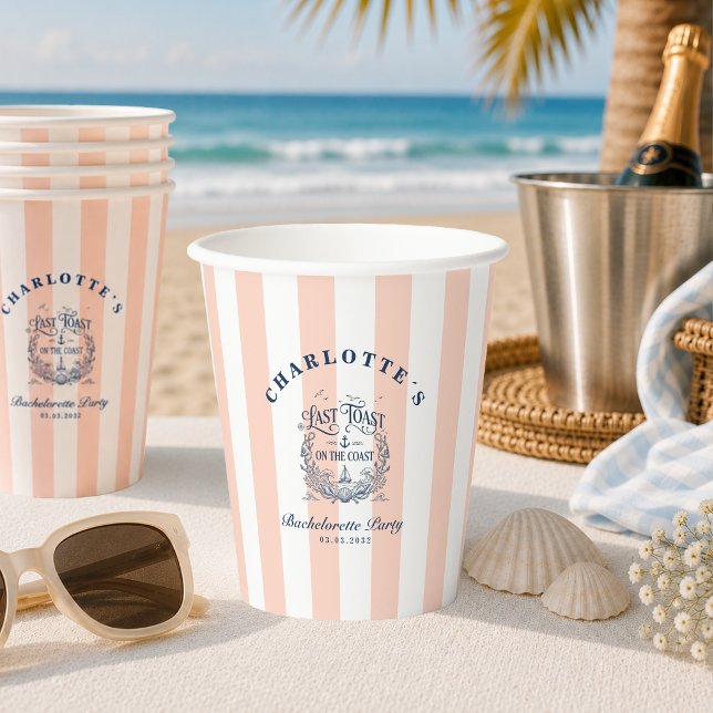 Vasos De Papel ¡Último brindis en la costa! Fiesta de Despedida d (Last Toast on the Coast! Peach Blush Stripes & Blue Bachelorette Party Paper Cups)