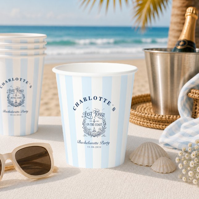 Vasos De Papel ¡Último brindis en la costa! Fiesta de Despedida d (Last Toast on the Coast! Blue Stripes  Bachelorette Party Paper Cups)