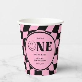 Vasos De Papel Un bebé feliz cara Chica rosado primer cumpleaños