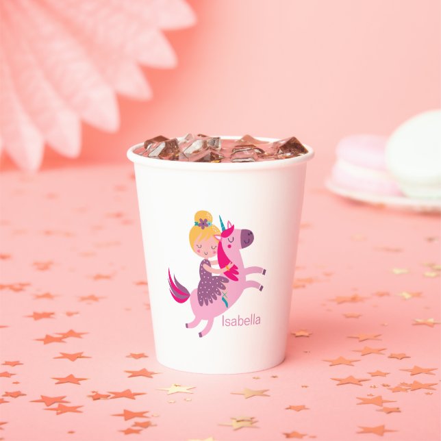 Vasos De Papel Un Chica amarillo morado monta en unicornio (in situ)