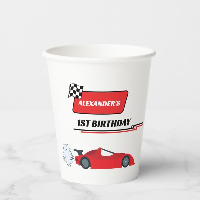Vasos De Papel Un coche de carreras rojas rápido primer cumpleaño (Anverso)