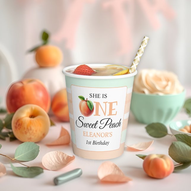 Vasos De Papel Un dulce melocotón Primer Cumpleaños acuarela raya (Subido por el creador)