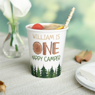 Vasos De Papel Un Feliz Camper Rústico Nombre de Primer Cumpleaño