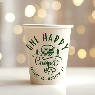 Vasos De Papel Un feliz camper verde minimalista primer cumpleaño