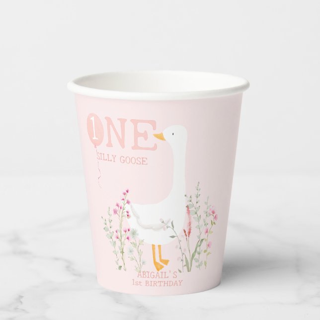Vasos De Papel Un ganso tonto rosa cumpleaños 1 niñas (Anverso)