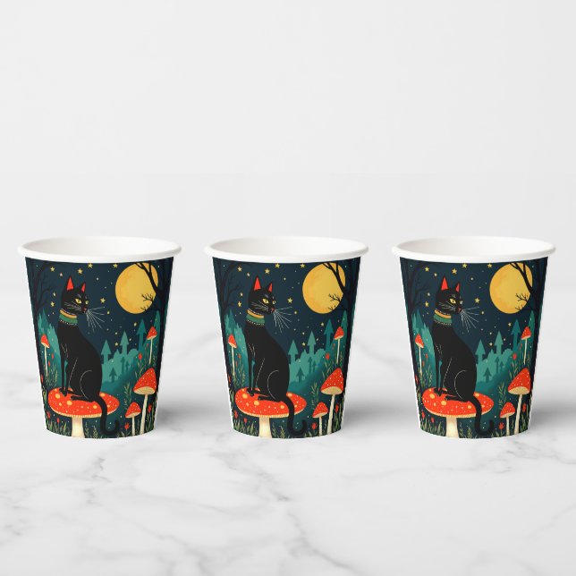 Vasos De Papel Un gato negro familiar y toadstools Halloween 2 (Multi)