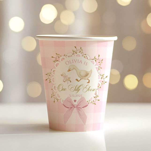 Vasos De Papel Un lazo de cumpleaños número uno de Gingham Rosa d (Subido por el creador)