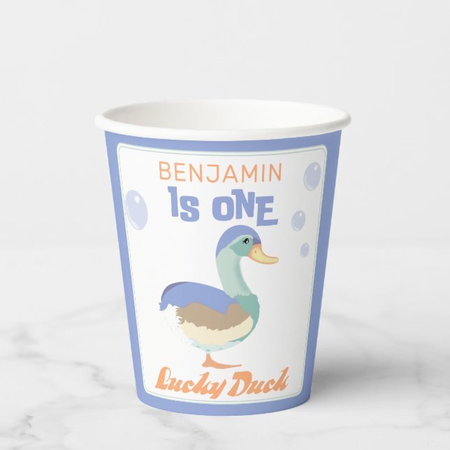 Vasos De Papel Un pato afortunado y burbujas el primer cumpleaños (Anverso)