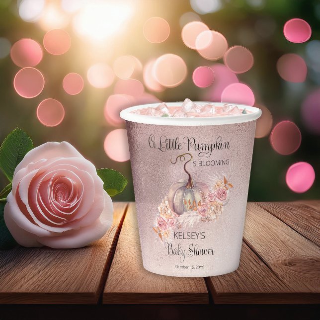 Vasos De Papel Un pequeño calabaza está floreciendo Baby Shower r ("A Little Pumpkin Is Blooming" Pink Girl Pumpkin and Roses Boho Theme Fall Baby Shower Paper Cups)