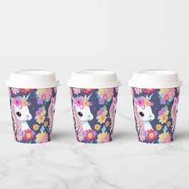 Vasos De Papel Unicornio blanco adorable con flores