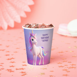 Vasos De Papel Unicornio blanco lindo con forma rosa y azul
