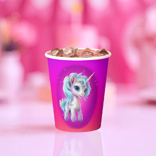 Vasos De Papel Unicornio en la nube con un cielo rosa vibrante