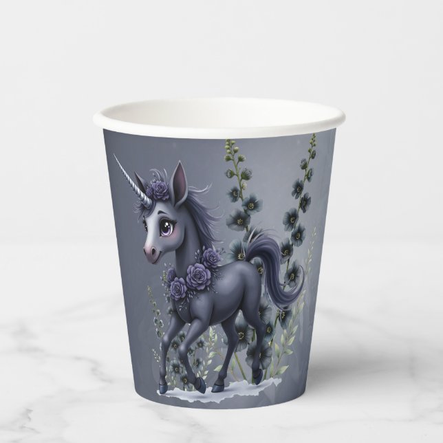 Vasos De Papel Unicornio estilizado en esplendor floral. (Anverso)