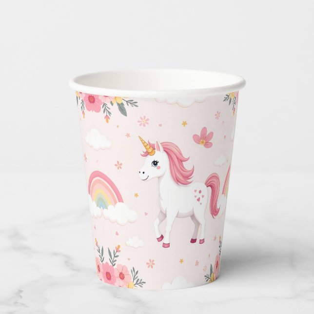 Vasos De Papel Unicornios, arcos de lluvia, flores, Fiesta íntimo (Reverso )