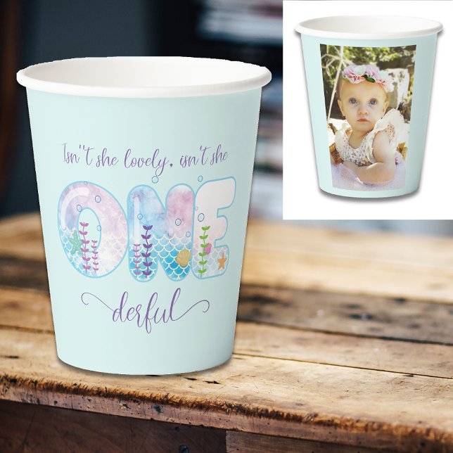 Vasos De Papel UNO Chicas maravillosos Bonito de cumpleaños azul (Little miss ONEderful 1st birthday party paper cups. Blue with photo.)
