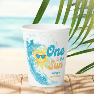 Vasos De Papel Uno en el Sol 🌞 1er Cumpleaños Playa y Olas 
