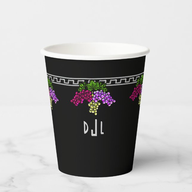 Vasos De Papel Uvas Art Deco - Negro, Plata, Violeta Monogramado (Anverso)