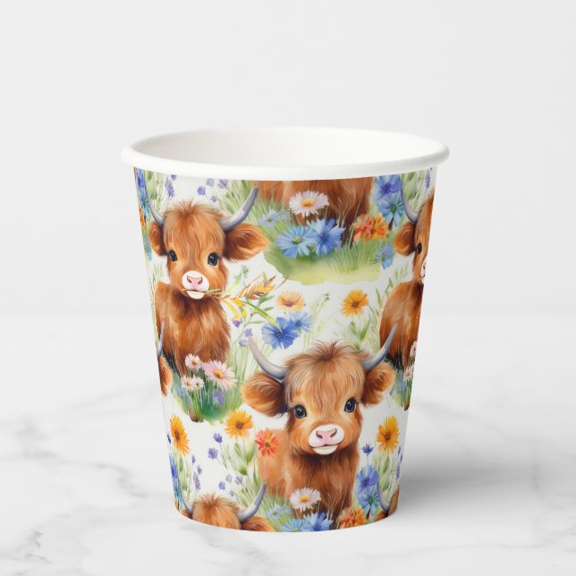 Vasos De Papel Vaca Highland en flores silvestres (Anverso)