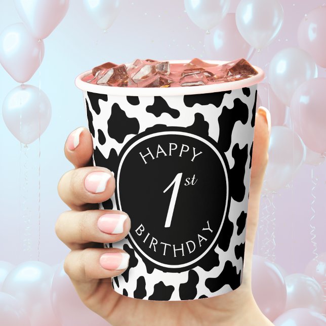 Vasos De Papel Vacas blancas y negras Imprimir Vaquero Primer Cum (cow print first birthday party paper cup)